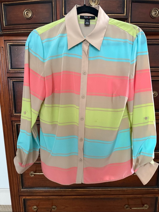 Style & Co. Tops - Style & Co. Beige Button-Down Shirt with Turquoise, Coral & Lime Stripes
